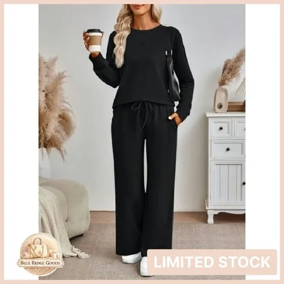 Oversized Sweatshirt Wide Leg Pants Lounge Set Chic Minimal Travel Outfit - Picture 6 of 7